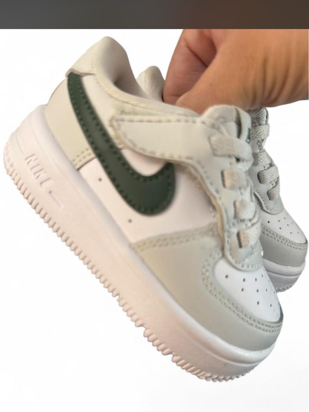 Nike Kids White Sneakers with Green Swoosh and Velcro Strap